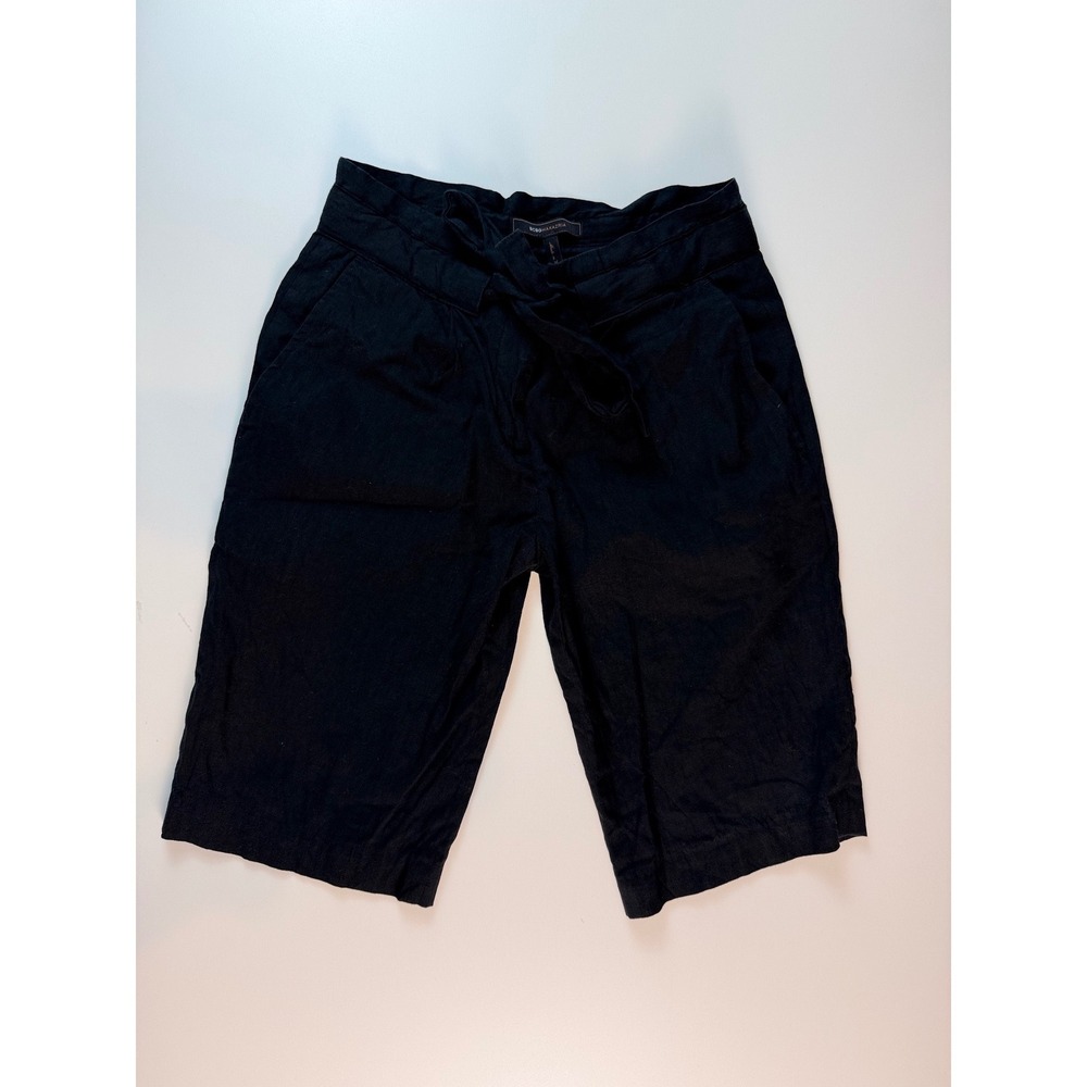 BCBGMAXAZRIA Black Linen‎ Blend Tie Waist Bermuda Shorts Womens Size 0 High Rise